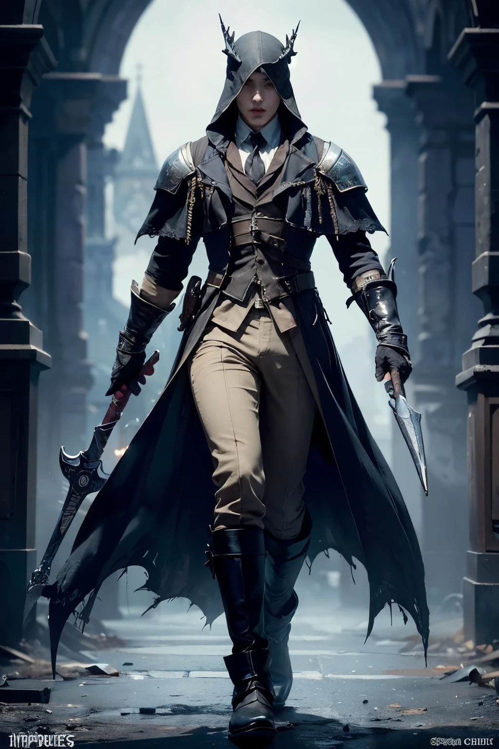mpts
Copy
A male or female knight,Melon seed face,Yellow hair,diadems, hyper HD, Wide-angle, Bokeh, Wide-angle, 1080p, High details, High quality, Masterpiece, white background, bloodborne inspired, bloodborne, plain white background, gothic attire, gothic, occult aesthestic, occult, whole body, full body, body, mourning wear, templar inspired