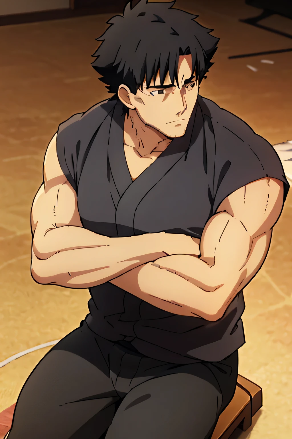 Kiritsugu is sitting and flexing his biceps. He wears black boxershorts. You can see his thighs. He looks stoic and serious. He has huge veins on his arms.