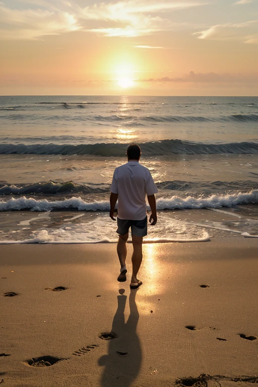 Man with his back walking towards the sea, ao fundo por do sol