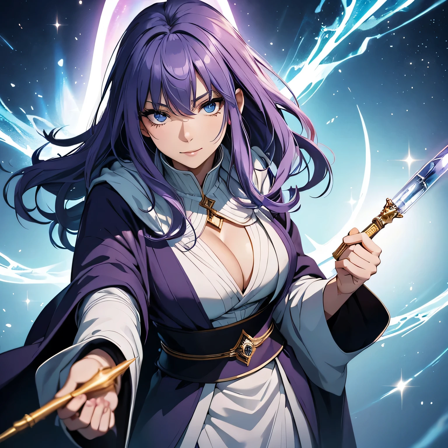 highest quality, Beautiful mature woman、one person,Beautiful Face、a woman with a strong will、Wizard、Magic wand、Robe