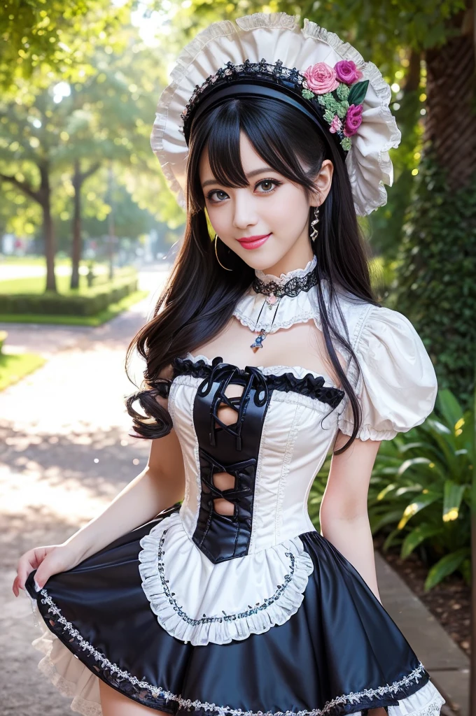 sexy stylish female model, only 1 female, ((doll-like appearance)), ((ultra detailed Victorian-Style boots)), ((big smile)), ultra detailed eyes, vivid eye makeup, lipgloss, long lashes, defined eyebrows, ((sexy Paradise Kiss cosplay)), bell-shaped skirt, petticoats, high neckline, puffed sleeves, (( ultra detailed lace)), ((ultra detailed embroidery)), intricate details, Paradise Kiss accessoires and matching headpiece, choker, ((large sparkling Paradise Kiss jewelry)), cinematic light, detailed large park background with trees