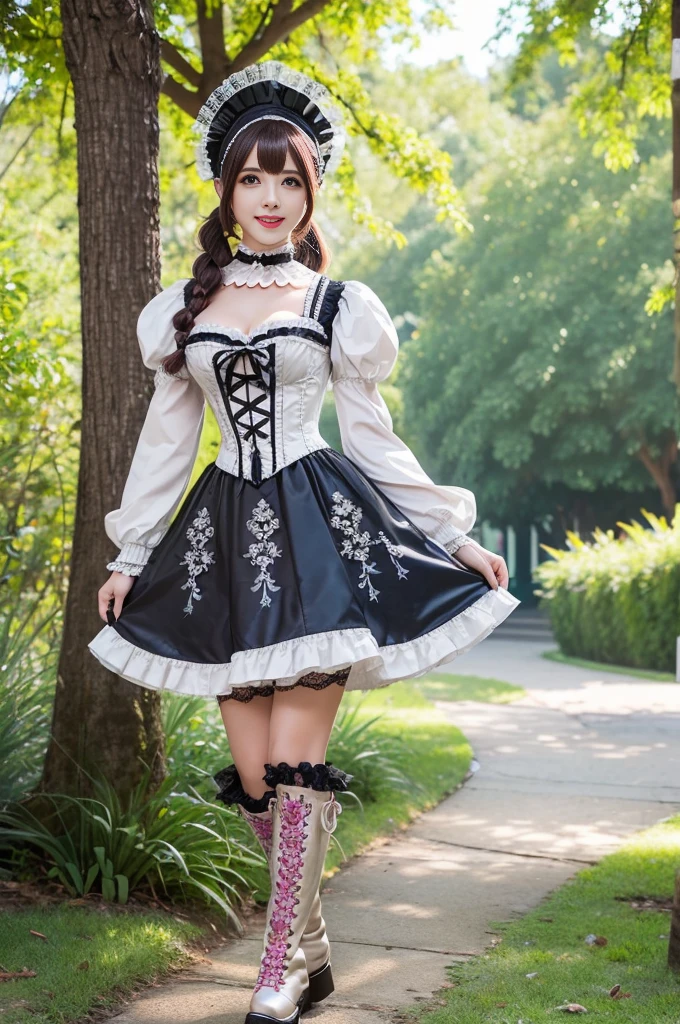 sexy stylish female model, only 1 female, ((doll-like appearance)), ((ultra detailed Victorian-Style boots)), ((big smile)), ultra detailed eyes, vivid eye makeup, lipgloss, long lashes, defined eyebrows, ((sexy Paradise Kiss cosplay)), bell-shaped skirt, petticoats, high neckline, puffed sleeves, (( ultra detailed lace)), ((ultra detailed embroidery)), intricate details, Paradise Kiss accessoires and matching headpiece, choker, ((large sparkling Paradise Kiss jewelry)), cinematic light, detailed large park background with trees 