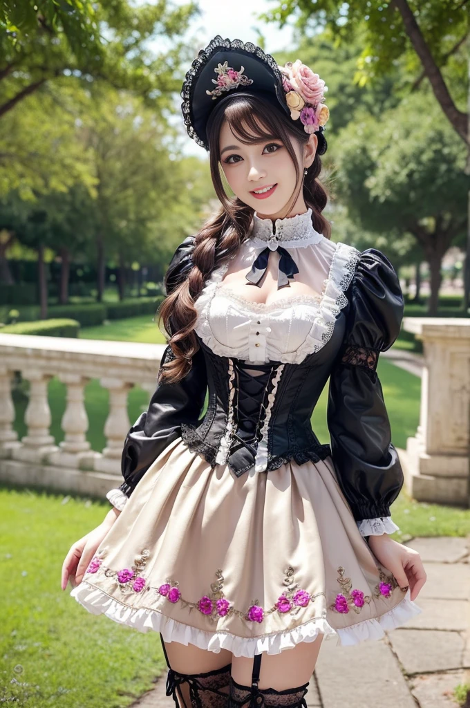 sexy stylish female model, only 1 female, ((doll-like appearance)), ((ultra detailed Victorian-Style boots)), ((big smile)), ultra detailed eyes, vivid eye makeup, lipgloss, long lashes, defined eyebrows, ((sexy Paradise Kiss cosplay)), bell-shaped skirt, petticoats, high neckline, puffed sleeves, (( ultra detailed lace)), ((ultra detailed embroidery)), intricate details, Paradise Kiss accessoires and matching headpiece, choker, ((large sparkling Paradise Kiss jewelry)), cinematic light, detailed large park background with trees