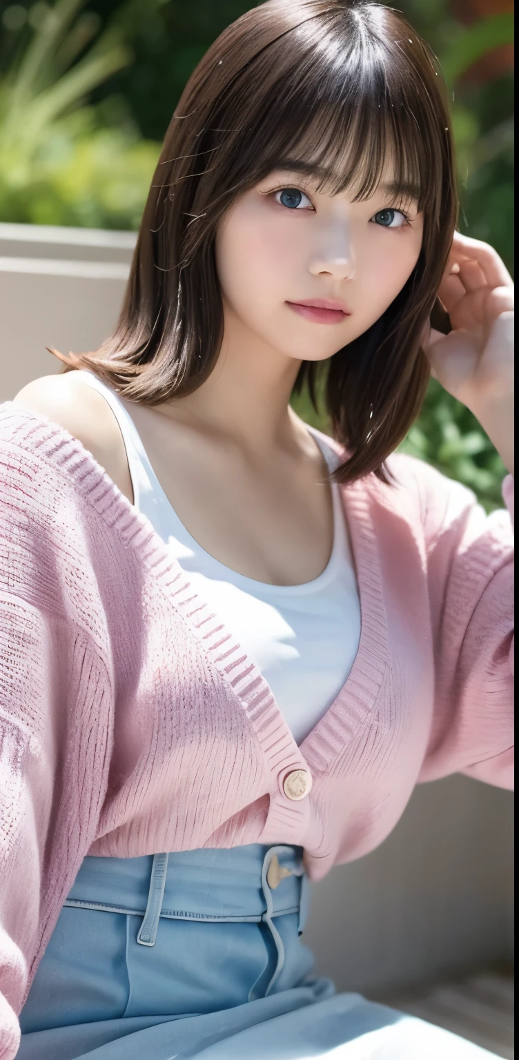 masterpiece, highest quality, 8k, 20th generation, Big Breasts, cute, alone, sad, cute, Girlish,cute 繊細な女の子, cute、Pure beauty,  RAW Photos, Professional photography, Portraiture, Soft Light, Professional Lighting, Backlight, avert your eyes, Sophisticated, Film Grain, (Eye and facial details:1.0), Round face、Floating Hair, beautiful, Flowing hair, Asymmetrical bangs、(Big Breasts:1.0)、White cut and sew、pastel cardigan、Micro Mini Skirt、Voluptuous thighs、dolly make、Heterochromia iridis、Midsummer sky、Cumulonimbuidsummer Beach