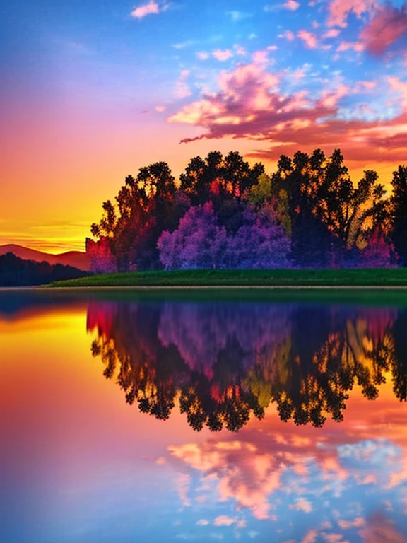 there is a beautiful sunset with a lake and trees in the background, colorful skies, surreal colors, colorful sunset, colorful sky, marvellous reflection of the sky, stunning sky, dream like atmosphere 8k, colorful clouds, colors reflecting on lake, surreal sky, red and blue reflections, fire reflection, beautiful sky, beautiful and spectacular dusk, beautiful dreamy landscape, amazing sky