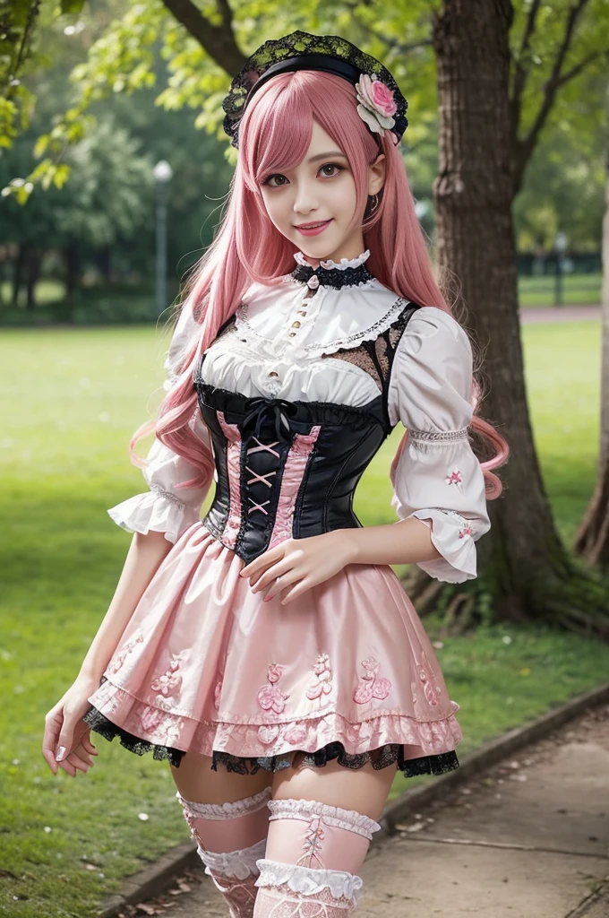 sexy stylish Spanish model, only 1 female, ((doll-like appearance)), long neon pink stylish hair, ((ultra detailed Victorian-Style boots)), ((big smile)), ultra detailed eyes, vivid eye makeup, lipgloss, long lashes, defined eyebrows, ((sexy Paradise Kiss cosplay)), bell-shaped skirt, petticoats, high neckline, puffed sleeves, (( ultra detailed lace)), ((ultra detailed embroidery)), intricate details, Paradise Kiss accessoires and matching headpiece, choker, ((large sparkling Paradise Kiss jewelry)), cinematic light, detailed large park background with trees 