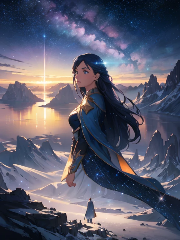 Starry Sky with Mountains and Lake, Jessica Rossier, Inspired by Jessica Rossier, Jessica Rossier Fantasy Art, Concept Art Magic Highlights, Official Artwork, Dream Painting, Ethereal Realm, Atmospheric artwork, dreamy matte paintings, serene endless stars inspired by Ted Nasmith, moonlit starry environments, epic music album covers.