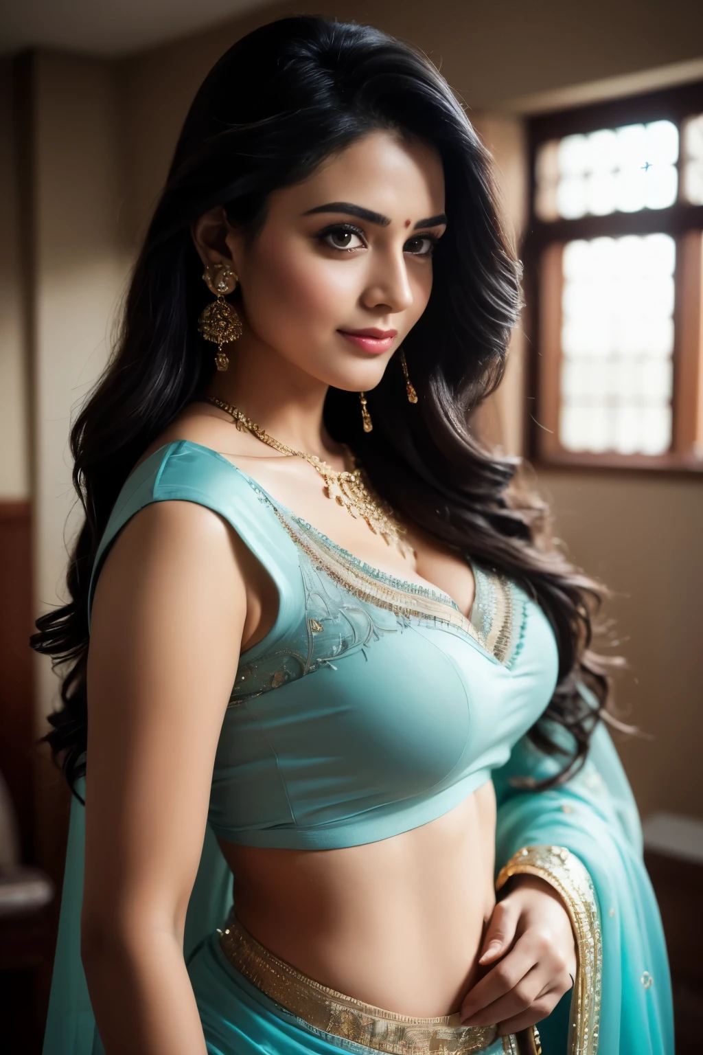 portrait of A confident-looking indian woman princess with long flowing hair, hazel eyes, with cyan saree, a smile on the face, royal and lusty look, red bindi, standing in cricket stadium, c-cup breast, perfect composition, hyperrealistic, super detailed, 8k, high quality, trending art, trending on artstation, sharp focus, sexy photo, intricate details, highly detailed, art by Greg Rutkowski