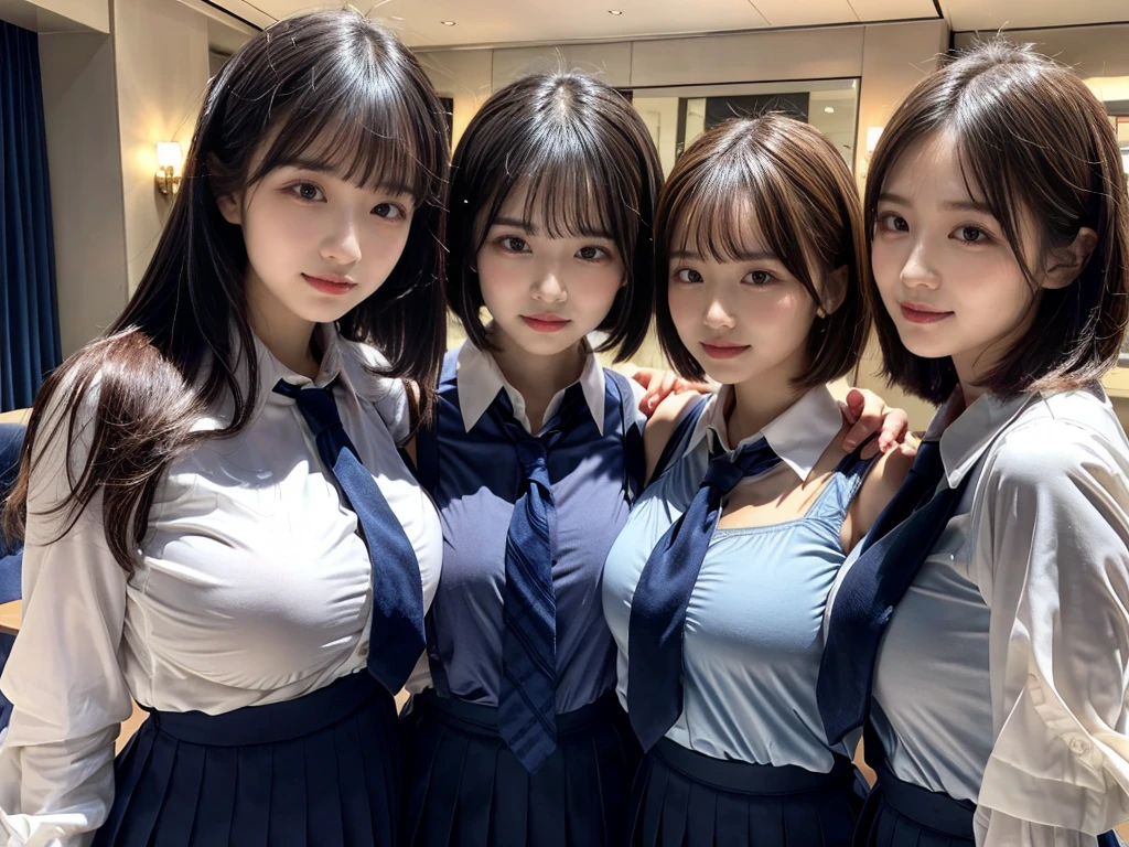 (8K, Raw photography, top-quality, ​masterpiece:1.2),  ((3 beatiful girls))、.（Realistic Skins 1.4）、（（（female high-school student、School Uniforms、）））、{{‎(The background is a luxury hotel room}}（（School Uniforms、white Cutter shirt、darkblue pleatedskirt))、（(long hair)）、((One has short hair)),（A dark-haired、The forehead is hidden by bangs、）、Black eyes、shinny skin.Beautiful delicate face、Beautiful delicate eyes、｛Voluptuous body shape、Thicker thighs｝、One piercing in each ear,((large breasts)), ((navy blue tie)) ,looking at camera, ((close up))