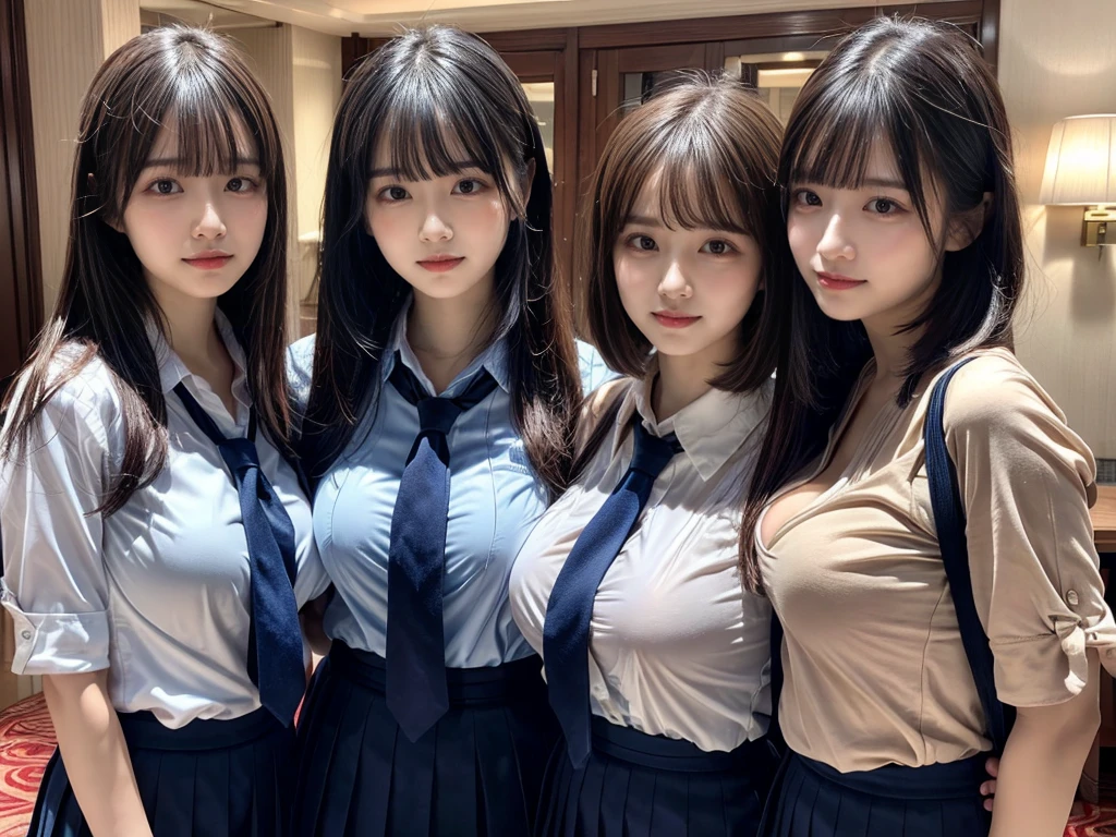 (8K, Raw photography, top-quality, ​masterpiece:1.2),  ((3 beatiful girls))、.（Realistic Skins 1.4）、（（（female high-school student、School Uniforms、）））、{{‎(The background is a luxury hotel room}}（（School Uniforms、white Cutter shirt、darkblue pleatedskirt))、（(long hair)）、((One has short hair)),（A dark-haired、The forehead is hidden by bangs、）、Black eyes、shinny skin.Beautiful delicate face、Beautiful delicate eyes、｛Voluptuous body shape、Thicker thighs｝、One piercing in each ear,((large breasts)), ((navy blue tie)) ,looking at camera, ((close up))