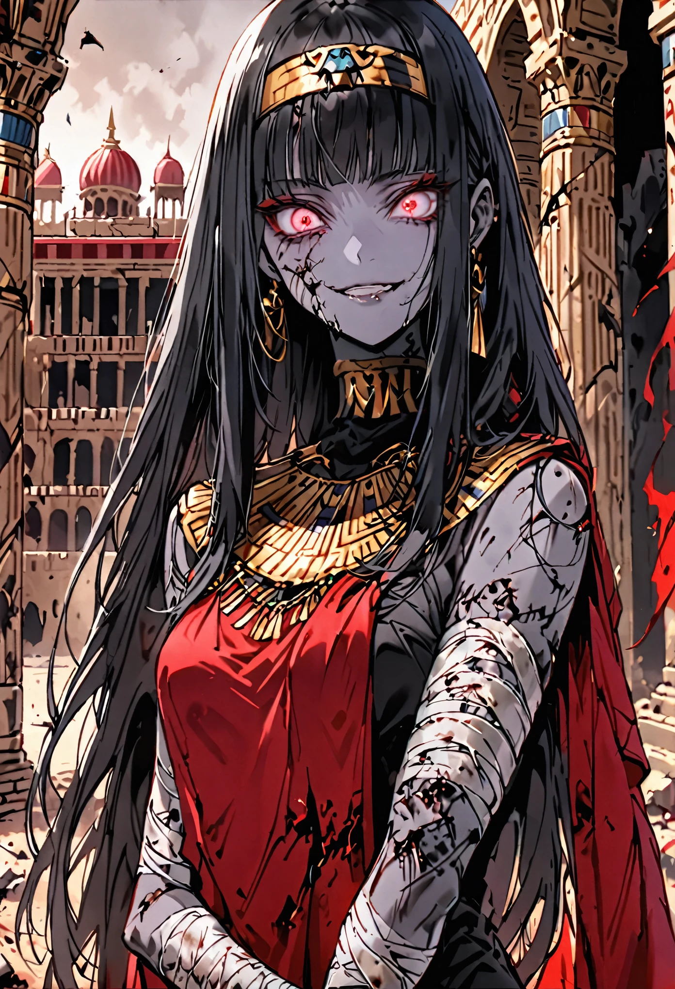 solo, female, sfw, medium shot, stright bangs, black hair, long hair, straight hair, jewelry, egyptian, bandages, undead, decay, red eyes, grey skin, hungry smile, palace, red drapes, silk, day