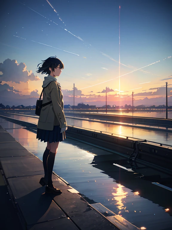 High quality masterpiece ，scenecy，Anime train passing through bodies of water on tracks， starrysky。Romantic train，pixiv，concept-art，Lofi art style，Reflectors。 by makoto shinkai, lofi art, beautiful anime scenes, Anime landscapes, Detailed scenery —width 672, in style of makoto shinkai, style of makoto shinkai，Detail enhancement。