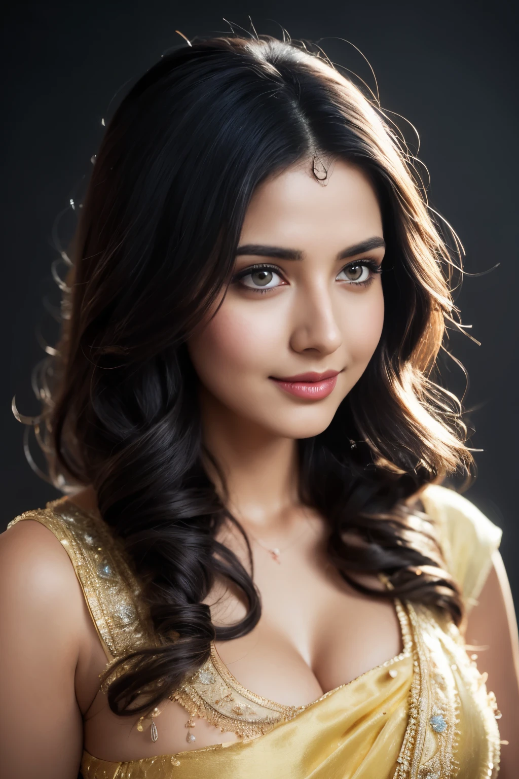 portrait of A confident-looking indian woman princess with long flowing hair, hazel eyes, with yellow saree, a smile on the face, royal and lusty look, red bindi, standing in cricket stadium, c-cup breast, perfect composition, hyperrealistic, super detailed, 8k, high quality, trending art, trending on artstation, sharp focus, sexy photo, intricate details, highly detailed, art by Greg Rutkowski