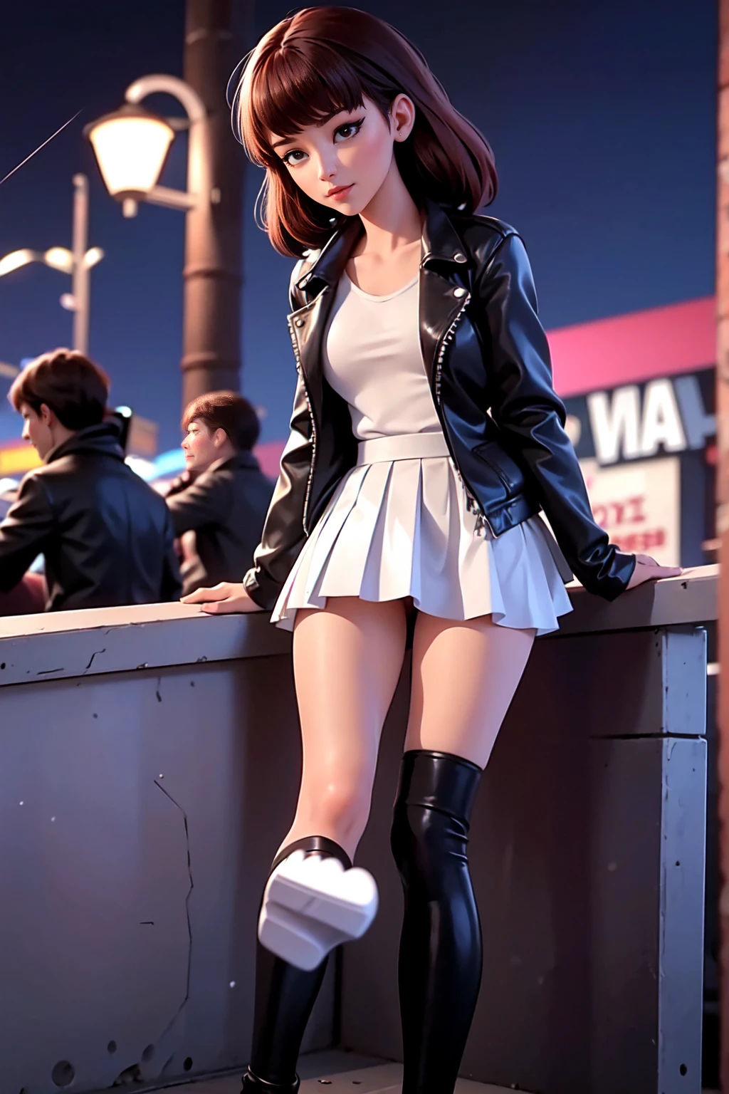 Beautiful girl - , a high resolution, 1 Girl, street, Crowd, night, street light, Wet, rain, white shirt, Pleated leather skirt , small black leather jacket, foreground, I look at the viewer, Leaning on the fence,, white, stocking, wants sex.