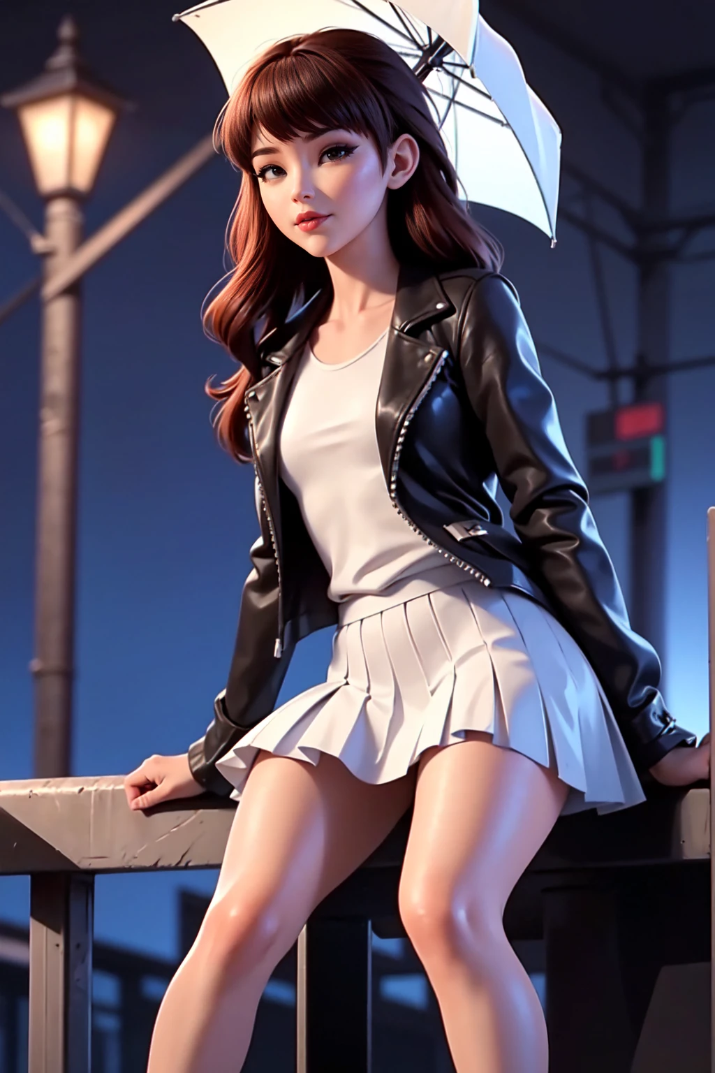 Beautiful girl - 16 years old, a high resolution, 1 Girl, street, Crowd, night, street light, Wet, rain,  white shirt,  Pleated leather skirt , small black leather jacket, foreground, I look at the viewer, Leaning on the fence,, white, stocking, wants sex.
