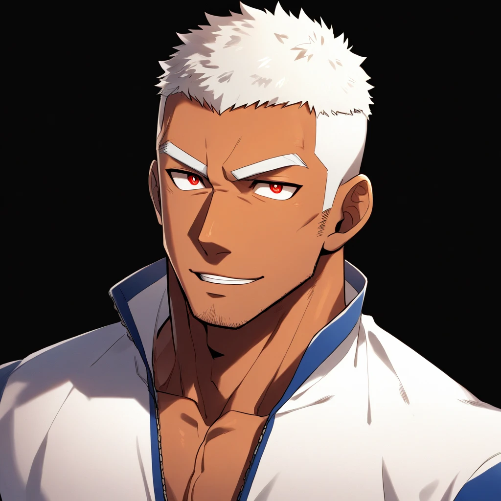 anime characters：Gyee, Fitness coach, 1 muscular tough guy, Manliness, male focus, muscular male, muscular, only, Upper body, alone, white short hair, Thick eyebrows, stubble, red eyes, Chocolate skin,  Black background, simple background, amazing quality, best aesthetics, Ridiculous, bright pupils, crew cut, parted lips, embarrassed, forced smile, drop shadow, best quality