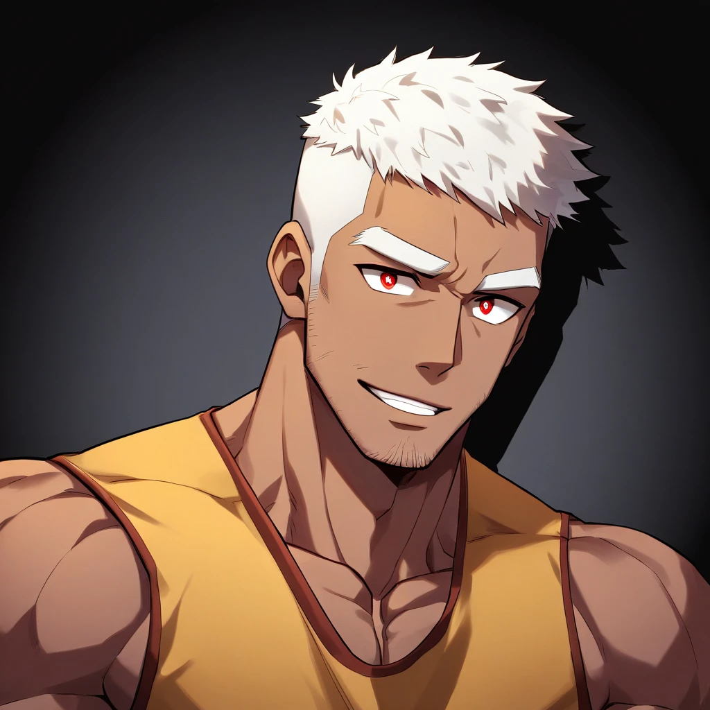 anime characters:Gyee, Fitness coach, 1 muscular tough guy, Manliness, male focus, muscular male, muscular, only, Upper body, alone, white short hair, Thick eyebrows, stubble, red eyes, Chocolate skin, Black background, simple background, amazing quality, best aesthetics, Ridiculous, bright pupils, crew cut, parted lips, embarrassed, forced smile, drop shadow, best quality