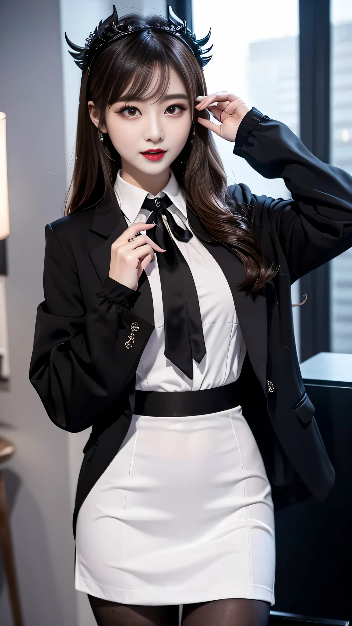 best quality、ultra-detailed、4k、Japanese、Seductive beauty、seductive adult woman、Pretty Woman、cool girl、Villainess、Brainwashed、brainwash、Fallen into evil、smirk、Evil look、Wicked Smile、evil、Brown hair、wavy hair、swept bangs、dark makeup、dark makeup、piercing eyes、hollow eyes,half-closed eyes、Hollow Eyes、purple Eyeshadow、black lipstick、black lipglos、office staff suit、suit、Jacket、Black sleeves、White Shirt、Black Ribbon、Tight Skirt、pantyhose、night、inside darkroom、Are standing、shoot from below、Have lipstick、Emblem of Evil、Crest of Darkness、Swear allegiance、I have pledged my allegiance、Dye black、Blackening、Stained with evil、Dyed in darkness、Seduce、