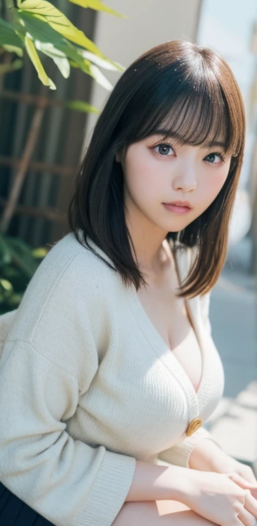 masterpiece, highest quality, 8k, 20th generation, Big Breasts, cute, alone, sad, cute, Girlish,cute 繊細な女の子, cute、Pure beauty,  RAW Photos, Professional photography, Portraiture, Soft Light, Professional Lighting, Backlight, avert your eyes, Sophisticated, Film Grain, (Eye and facial details:1.0), Round face、Floating Hair, beautiful, Flowing hair, Asymmetrical bangs、(Big Breasts:1.0)、White cut and sew、pastel cardigan、Micro Mini Skirt、Voluptuous thighs、dolly make、Heterochromia iridis、Midsummer sky、Cumulonimbuidsummer Beach