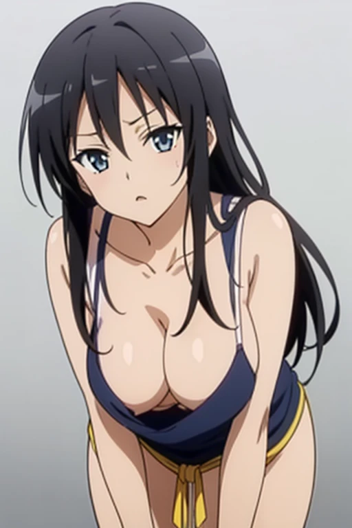 (masutepiece, Best Quality, High resolution, anime colours, megami magazine:1.2, anime poster style, anime keyvisual, sharp, 8k, photorealistic), (beautiful eyes:1.5, beautiful face), Kotegawa Yui, 1girl, solo, Cute, (Long Black Hair), (sagging large breasts:1.5), (loose camisole, no bra), (cleavage:1.5), (bent over, leaning forward, cowboy shot), (Perfect detailed Anatomy, beautiful detailed hair, perfect detailed body:1.2, shiny skin), (thick outline, Beautiful outlines, black outlines), simple background,