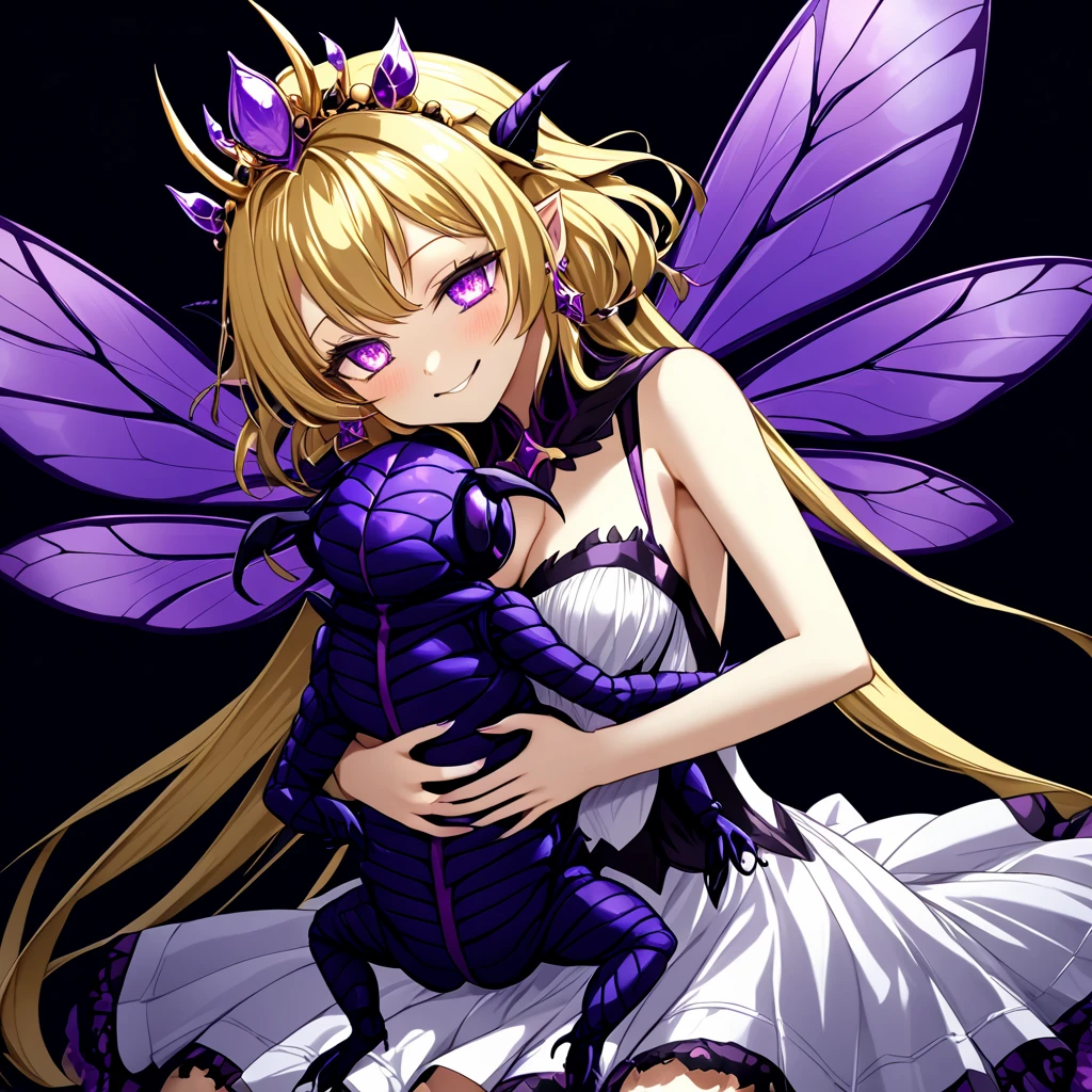 ((highest quality)), ((masterpiece)), (detailed), （Perfect Face）、（The woman was a purple fly demon called Extia Spica with medium-long blonde hair, a deformed fly demon similar to Beelzebub, the demon king of flies, with fly antennae and four transparent fly wings growing from her back, fly-like body hair growing from her, and a fly-decorated engagement ring on her arm.２She is carried in the princess carry position by Beelzebub, the great demon king of flies, who has a book and four thin fly-like arms, and is loved by him while he gives her deep kisses.）、She became the wife of the Demon King of flies and became a demon of flies with a smile, and gained the same fly antennae and transparent eyes as the Demon King.４The body of the fly is purple with black borders.々The stinging like that of a dead fly々The woman is wearing a cute devil dress, a fly-themed tiara, fly earrings and other accessories all with a fly motif, and is carried in a princess carry by Beelzebub, the Demon King of the Flies. She smiles happily and hugs him and kisses him. She is loved and favored by Beelzebub, the Demon King of the Flies.、The man is Beelzebub, the monstrous demon king of flies, and caresses the woman, lifting her up in a princess carry, embracing her, rubbing her cheeks with him, kissing her and showing her affection.、（Demon King２He has one arm and four thin fly arms, and with those six arms he holds the woman tightly in a princess carry and kisses her deeply, pressing her against him.）