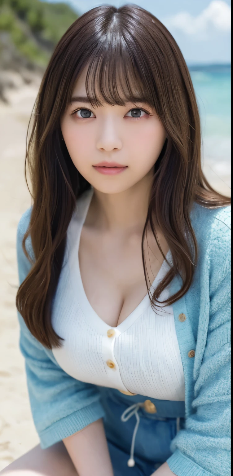 masterpiece, highest quality, 8k, 20th generation, Big Breasts, cute, alone, sad, cute, Girlish,cute 繊細な女の子, cute、Pure beauty,  RAW Photos, Professional photography, Portraiture, Soft Light, Professional Lighting, Backlight, avert your eyes, Sophisticated, Film Grain, (Eye and facial details:1.0), Round face、Floating Hair, beautiful, Flowing hair, Asymmetrical bangs、(Big Breasts:1.0)、White cut and sew、pastel cardigan、Micro Mini Skirt、Voluptuous thighs、dolly make、Heterochromia iridis、Midsummer sky、Cumulonimbuidsummer Beach