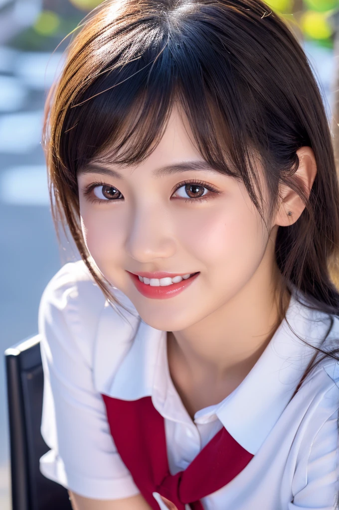 ​masterpiece、top-quality、realisitic、(A hyper-realistic), (illustratio), (hight resolution), (8K), (ighly detailed), (The best illustrations), (beatiful detailed eyes), (top-quality), (ultra-detailliert), (​masterpiece), (wall-paper), (详细的脸), a bed、Upper body close-up,Armpit, A smile,Plump,独奏,（Wearing a silk plunged open shirt:1.5）, full of sweat, japanes, large full breasts, (camel's toe)、huge-breasted、Luxury living room、Detailed white teeth、ultimate beauty girl、No bra、Wrap a red ribbon around your neck、perfect teeth、Perfect and beautiful female hands、Perfect tooth alignment、tre anatomically correct、On a park bench、