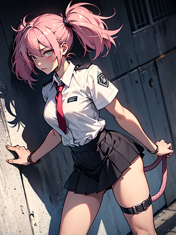 tadano con uniforme de sirvienta, pink hair, twin tails, constricted pupils, short skirt, medias blanca, adorno mucama cabeza