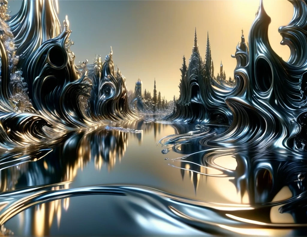 (watce),carcosa city\(liquid,metallic,silver\), BREAK ,backgrownd\(((simple black)),liquid\(metallic,silver\) flood,reflection\),quality\(8k,wallpaper of extremely detailed CG unit, ​masterpiece,hight resolution,top-quality,top-quality real texture skin,hyper realisitic,increase the resolution,RAW photos,best qualtiy,highly detailed,the wallpaper\),,dynamic angle,anime style