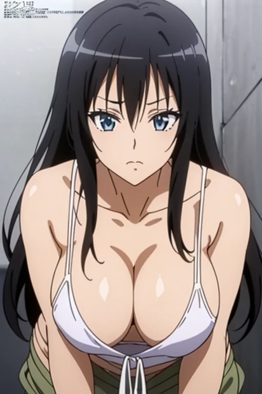 (masutepiece, Best Quality, High resolution, anime colours, megami magazine:1.2, anime poster style, anime keyvisual, sharp, 8k, photorealistic), (beautiful eyes:1.5, beautiful face), Kotegawa Yui, 1girl, solo, Cute, (Long Black Hair), (sagging large breasts:1.8), (loose camisole, no bra), (cleavage:1.5), (bent over, leaning forward, cowboy shot), (Perfect detailed Anatomy, beautiful detailed hair, perfect detailed body:1.2, shiny skin), (thick outline, Beautiful outlines, black outlines), simple background,
