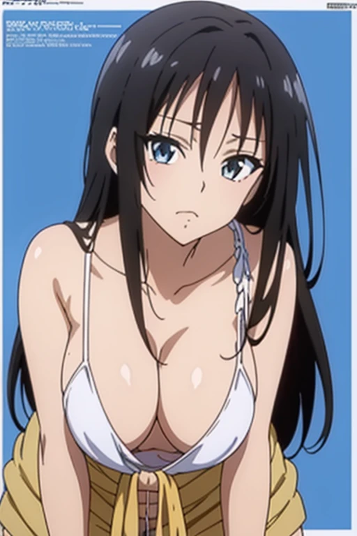 (masutepiece, Best Quality, High resolution, anime colours, megami magazine:1.2, anime poster style, anime keyvisual, sharp, 8k, photorealistic), (beautiful eyes:1.5, beautiful face), Kotegawa Yui, 1girl, solo, Cute, (Long Black Hair), (sagging large breasts:1.8), (loose camisole, no bra), (cleavage:1.5), (bent over, leaning forward, cowboy shot), (Perfect detailed Anatomy, beautiful detailed hair, perfect detailed body:1.2, shiny skin), (thick outline, Beautiful outlines, black outlines), simple background,