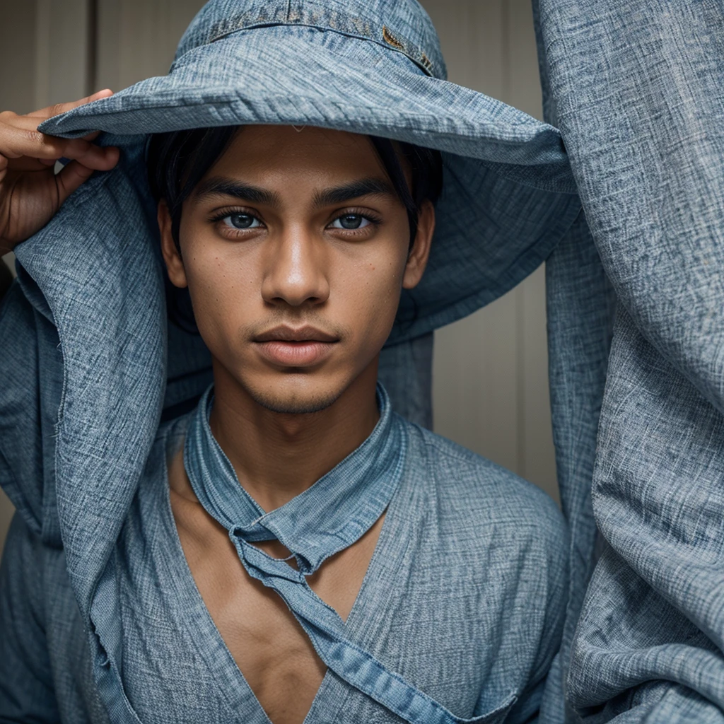Lantin boy, retty boy, blue eyes, black hair, tanned skin, big lips, symmetrical face