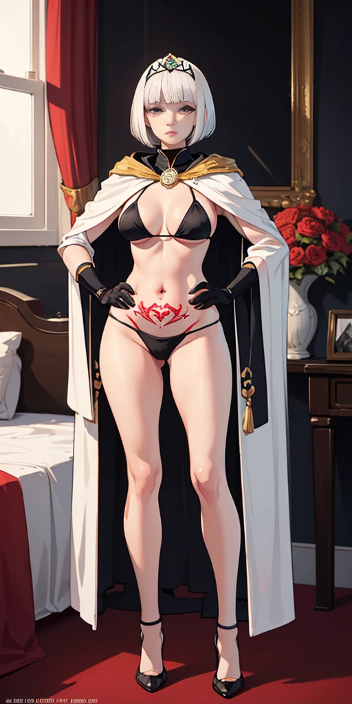 full body female (Warhammer Art Style, Adepta Sororitas, Battle Sister, White hair, bob haircut with bangs. 16k ultra hd, portrait), holding hands a bouquet (both hands) photorealistic, fullbody, bedroom background, royal bedroom, black gloves, black socks, tiara, white hair, laying down on bed, red cape, yellow bikini, high heels, raw photo, DSLR, 8k, 4k, UHD, DSLR, high quality, soft lighting, nikon, canon, hands on hips. red tattoo on belly