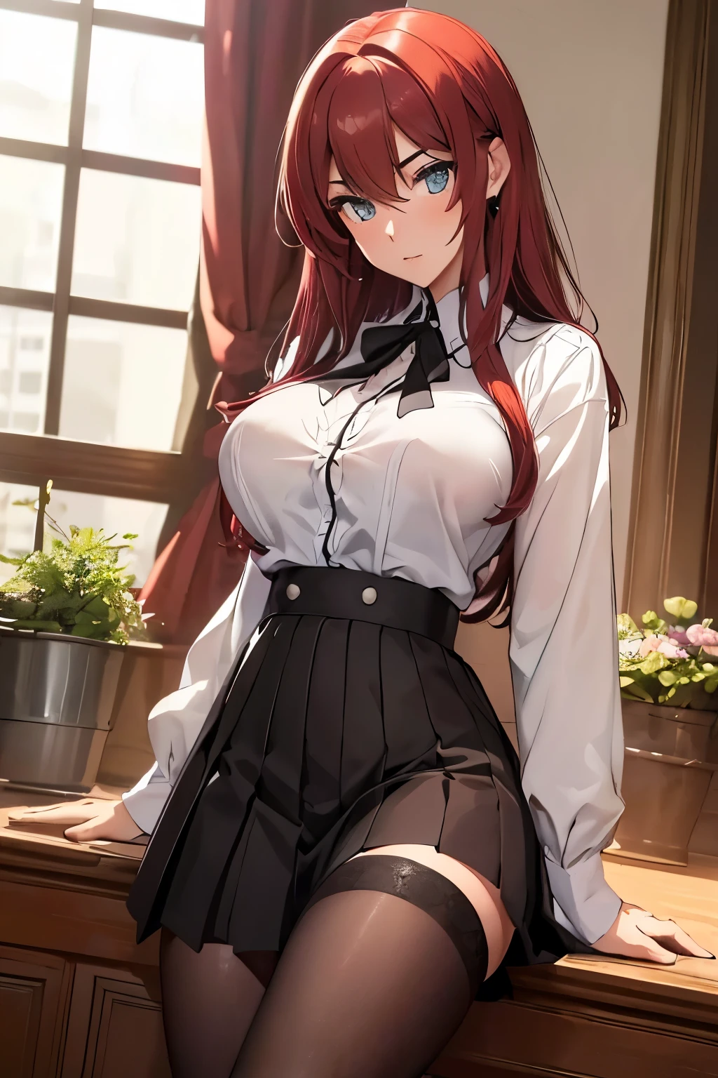 (obra maestra:1.2, Alta calidad:1.2), (solo:1.2), (1 chica:1.2), (pixiv:1.4), (gremory maquillaje), indiferente, (glare:0.8), crimson red hair, pelo largo ondulado, flequillo afilado, ojos verdes cristalinos, (ojos detallados), double eyelids, sombra de ojos negra, long eyelashes, pale red lips, hermoso rostro, cara detallada, escote, escote tetona, (hermosos  redondos:1.2), , camisa desabrochada, Falda plisada, levantamiento de falda, bragas blancas, pantimedias expuestas, detailed pussy,to de vista desde abajo), medias, apoyado en el escritorio, al lado de la ventana, windowsill