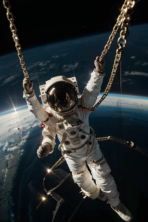 astronaut in space wearing chains on top of spacesuit