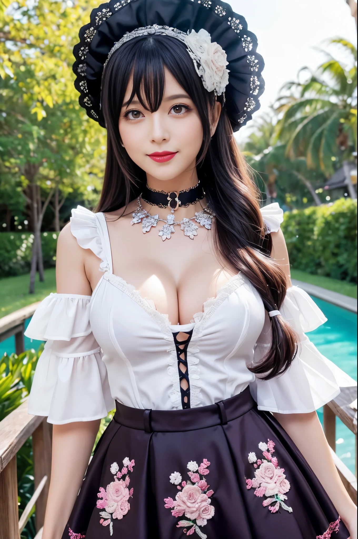 sexy stylish Swedish model, only 1 female, ((doll-like appearance)), bold lipstick, beautiful smile, lipgloss, long lashes, defined eyebrows, ((sexy Paradise Kiss cosplay)), bell-shaped skirt, petticoats, high neckline, puffed sleeves, lace, embroidery, intricate details, Paradise Kiss accessoires and matching headpiece, choker, sparkling ((Paradise Kiss jewelry)), look at the camera, cinematic light, detailed large park background with trees, sweet and sexy pose
