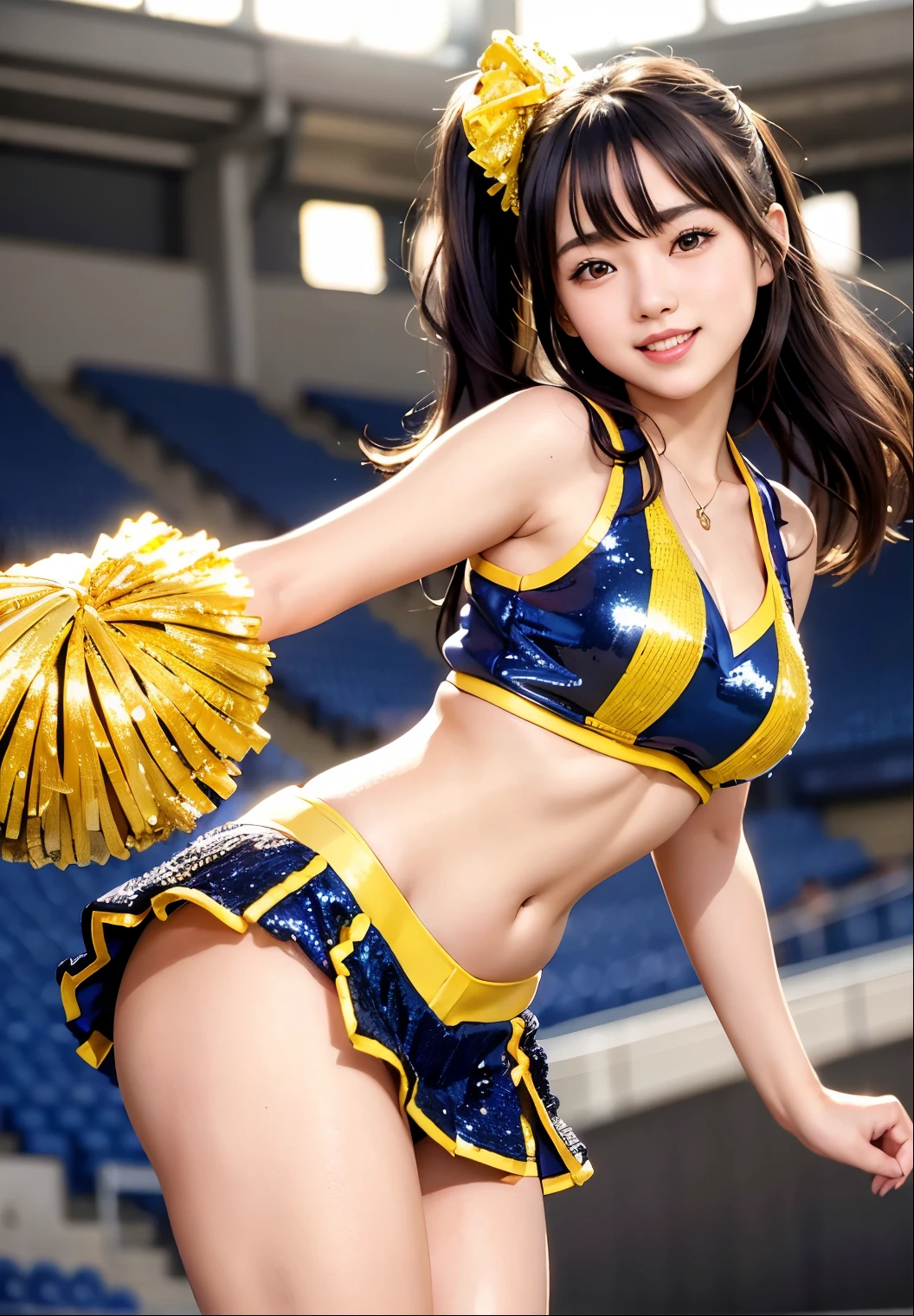 (highest quality,masterpiece:1.3,Ultra-high resolution),(Very detailed、Caustics) (Realistic:1.4, RAW shooting、)Ultra-Realistic Capture、Very detailed、Natural skin texture、masterpiece、(Japanese girl in blue and yellow sequin cheerleader outfit:1.3)、Adorable expression、Expressions of happiness、、Height: 160cm、Young Face、Amazingly cute、Ponytail hairstyle、Straight hair、Scrunchie、necklace、Black Hair、light makeup、G-cup big breasts、Bare arms、Shining thighs、Shining ass、Shooting at the stadium、Background in detail、Silk panties are visible、smile、An inviting gaze、Anatomically correct、Attention to detail、Pose that emphasizes the legs、