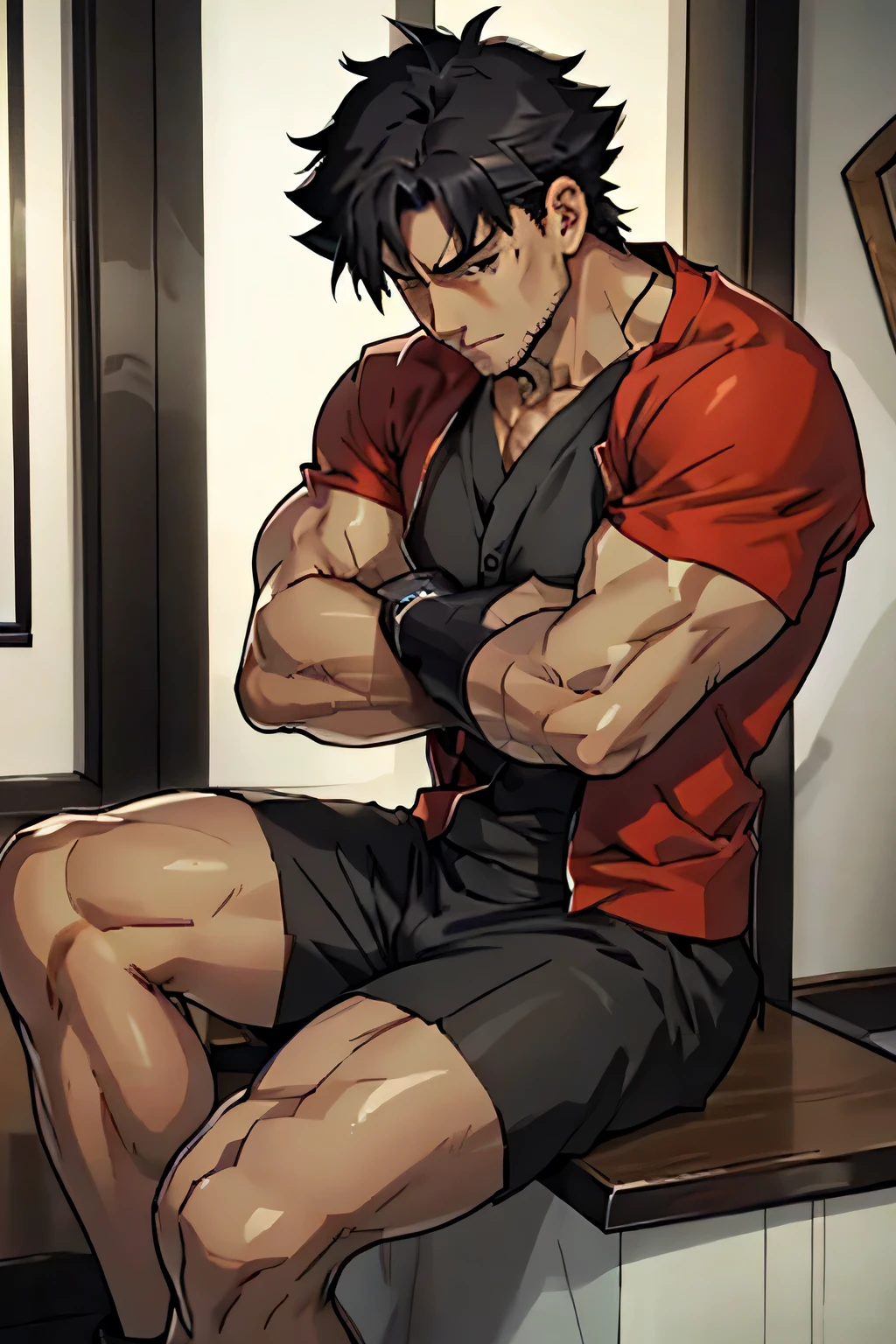 Kiritsugu is sitting and flexing his biceps. He wears black shorts. You can see his thighs. He looks stoic and serious. He has huge veins on his arms.