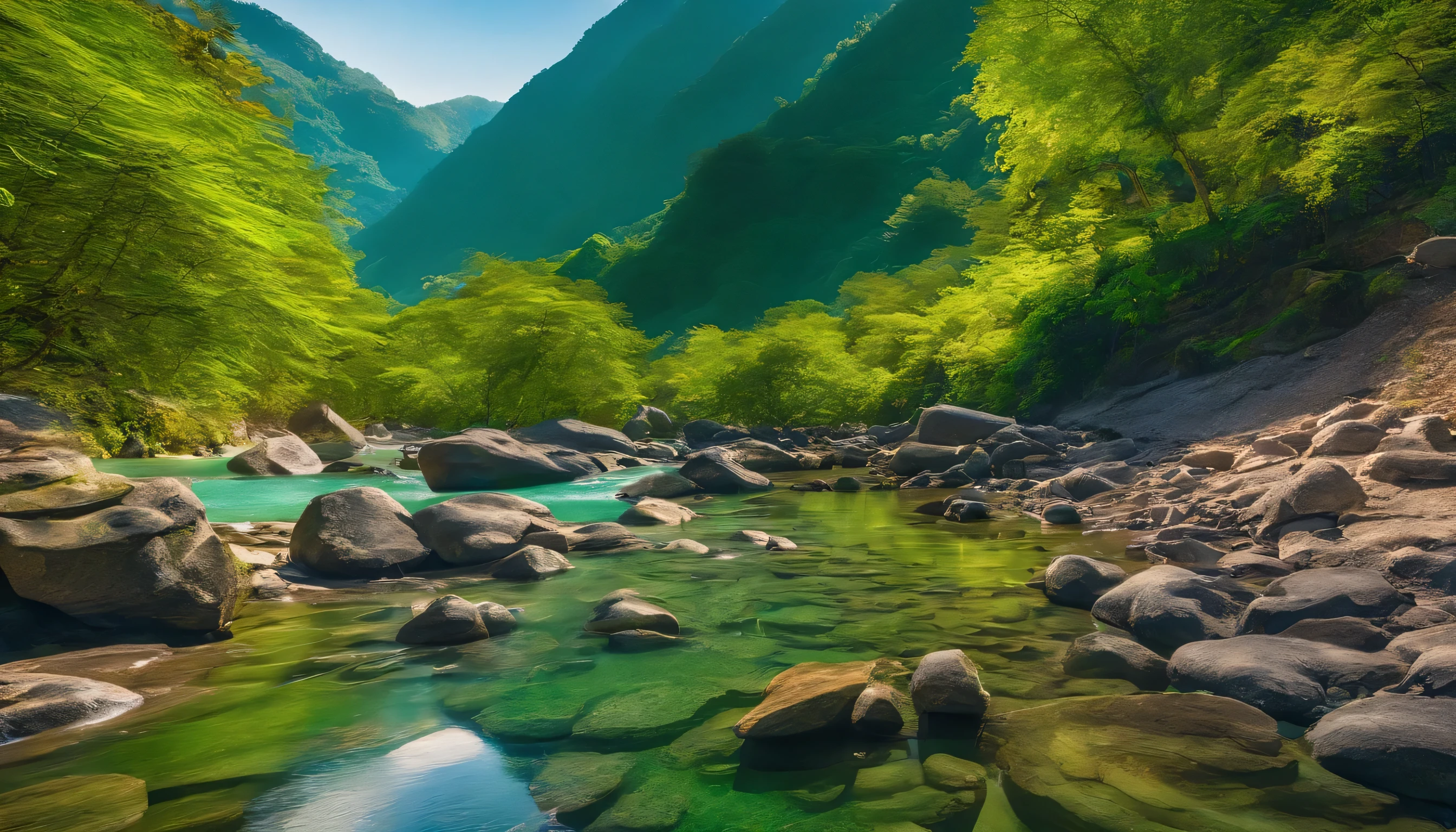 Beautiful mountain stream in the green season,Realistic,High resolution,(highest quality,4K,8k,High resolution,masterpiece:1.2),Vibrant colors,Natural light,Landscapes with beautiful details,Lush vegetation,Crystal clear water,waterfall,wood々Sunlight shining through,A gentle breeze rustles the leaves,Peaceful and calm atmosphere,The sound of birds chirping and running water,Fascinating trails along the creek,Refreshing natural scent,Tranquil and unspoiled scenery,Harmony between the elements of nature,The sparkling waves are reflected on the surface of the water,Endless shades of green,The soft sunlight illuminates the landscape,Fine texture of rocks and leaves,Natural and organic shapes,Immersive and immersive experiences,Light and shadow blend together wonderfully,Majestic mountains surrounding the stream々,A perfect paradise in the midst of natural beauty