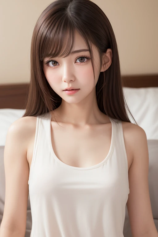 1人のgirl, (a beauty girl, delicate girl:1.3), (24-years-old:1.3),
break, (White tank top:1.4),
break, Definition of very fine particles, (Symmetrical eyes:1.3),
break, (Lie down in bed、Rake up your hair with both hands、Underarm、Bedroom:1.3),
break, Mid-chest, Brown eyes, Parted bangs, Brown Hair, girl,
break, (Eye and facial details:1.0),Embarrassed、blush、Red cheeks、erect nipples、へそ
break, (masterpiece, highest quality, Very detailed, Detailed face, 8k)