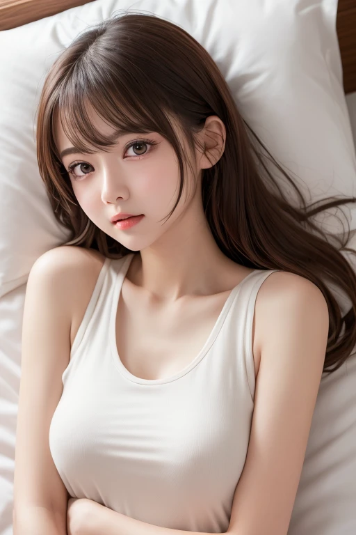 1人のgirl, (a beauty girl, delicate girl:1.3), (24-years-old:1.3),
break, (White tank top:1.4),
break, Definition of very fine particles, (Symmetrical eyes:1.3),
break, (Lie down in bed、Rake up your hair with both hands、Underarm、Bedroom:1.3),
break, Mid-chest, Brown eyes, Parted bangs, Brown Hair, girl,
break, (Eye and facial details:1.0),Embarrassed、blush、Red cheeks、erect nipples、へそ
break, (masterpiece, highest quality, Very detailed, Detailed face, 8k)