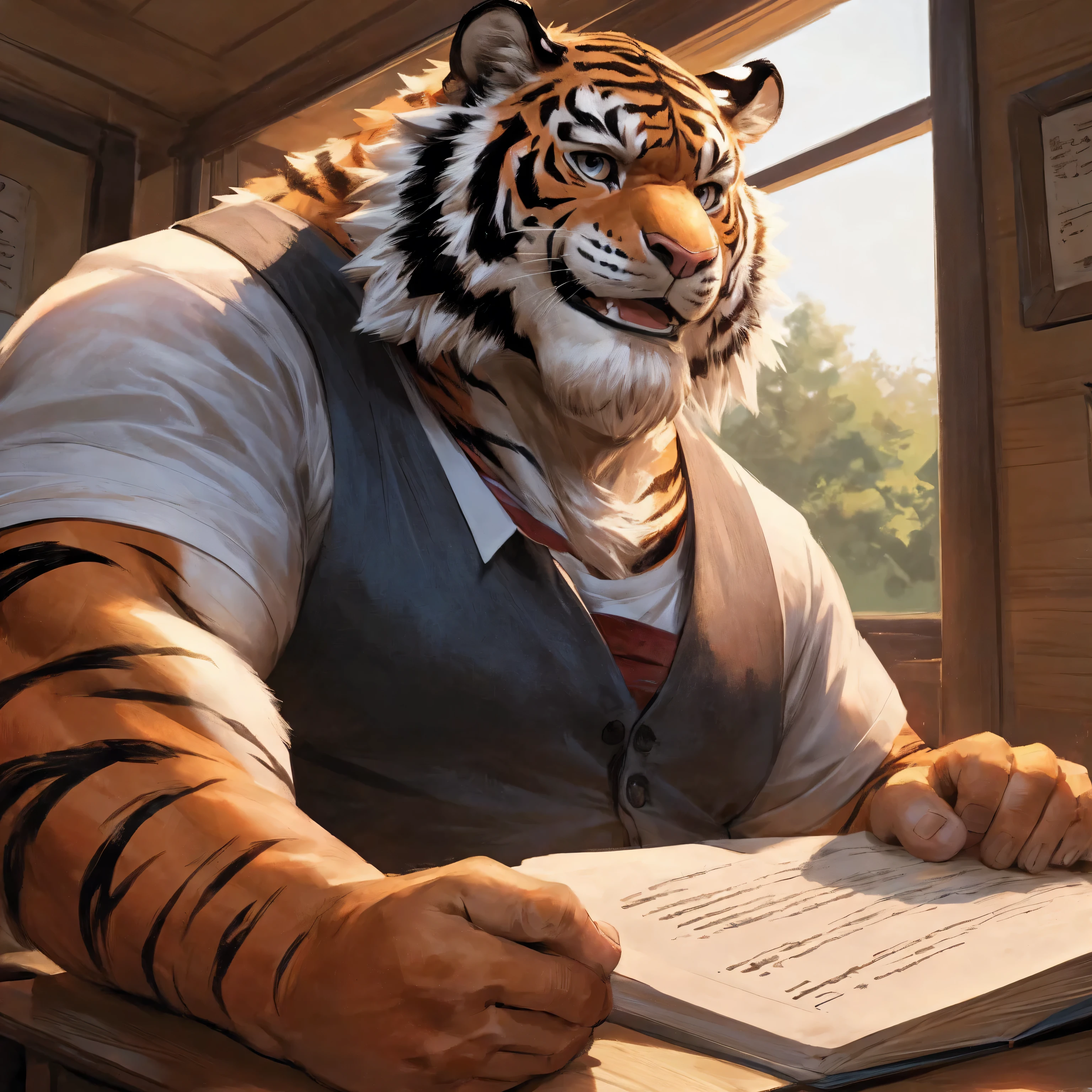 human nature, CANNON, male, Single, ((round face, very plump face, thick beard)), ((endomorphic body type, Beautiful)), (peasant shirt), ((domestic Tiger, Tiger) fluffy fur, fluffy), (in class), teacher,vintage,Boke, (High quality, a high resolution, masterpiece), (dynamic lighting, bright colors), (generous smile), (focus on the face), foreground (close-up), cartoon, Author:LinDong030
