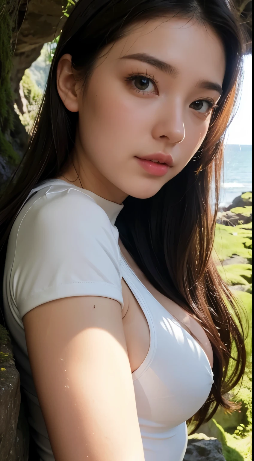 Strong light, Strong contrast, In an open-roofed cave、Sunlight shines through green moss and ferns。, And open( Ocean View:1.1) end, Cel-shaded rendering, 4K, 360 degrees, Equirectangular projection, what, One Girl, 30-year-old woman、Beautiful woman、Long Blonde Hair、White Latex Leotard、White long boots、White arm covers、masterpiece, 最high quality, high quality, High resolution, (((Face close-up)))、Large Breasts、Cleavage、Sexy Looks