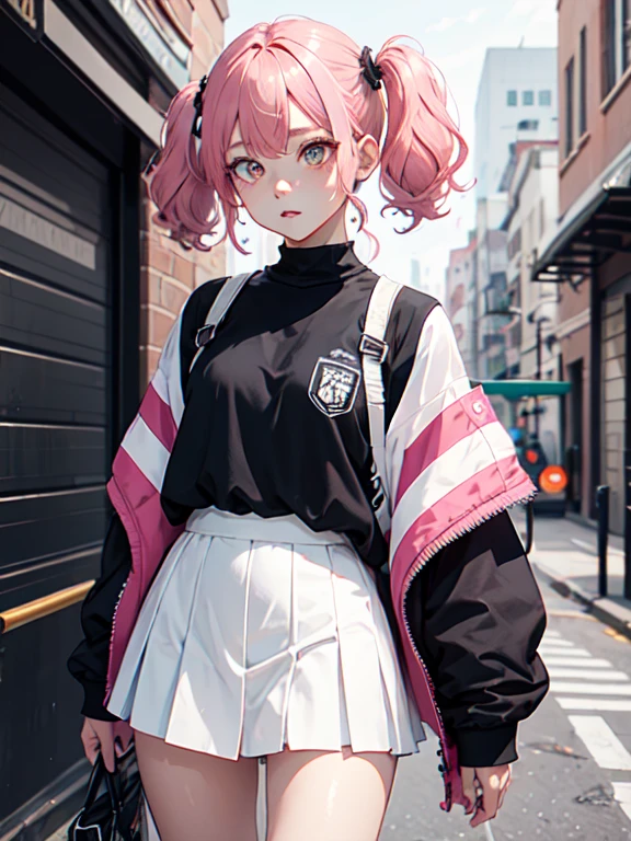 tadano con uniforme de sirvienta, pink hair, twin tails, constricted pupils, short skirt, medias blanca, adorno mucama cabeza