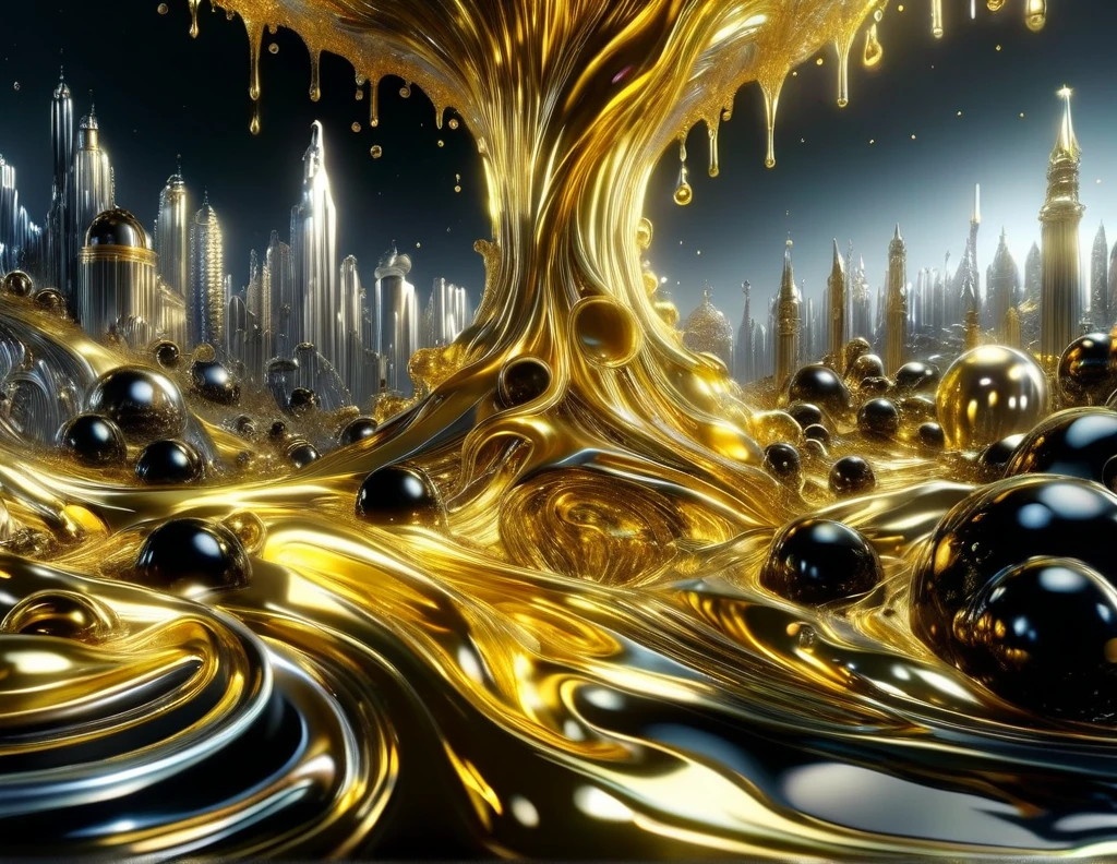 (watce),carcosa city\(liquid,gold,metallic,silver\), BREAK ,backgrownd\(((simple black)),liquid\(gold,metallic,silver\) flood,reflection\),quality\(8k,wallpaper of extremely detailed CG unit, ​masterpiece,hight resolution,top-quality,top-quality real texture skin,sunrays,hyper realisitic,increase the resolution,RAW photos,best qualtiy,highly detailed,the wallpaper\),,dynamic angle,anime style