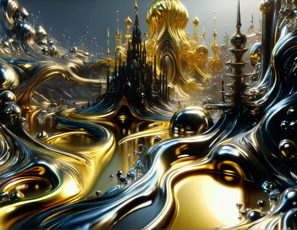 (watce),carcosa city\(liquid,gold,metallic,silver\), BREAK ,backgrownd\(((simple black)),liquid\(gold,metallic,silver\) flood,reflection\),quality\(8k,wallpaper of extremely detailed CG unit, ​masterpiece,hight resolution,top-quality,top-quality real texture skin,sunrays,hyper realisitic,increase the resolution,RAW photos,best qualtiy,highly detailed,the wallpaper\),,dynamic angle,anime style