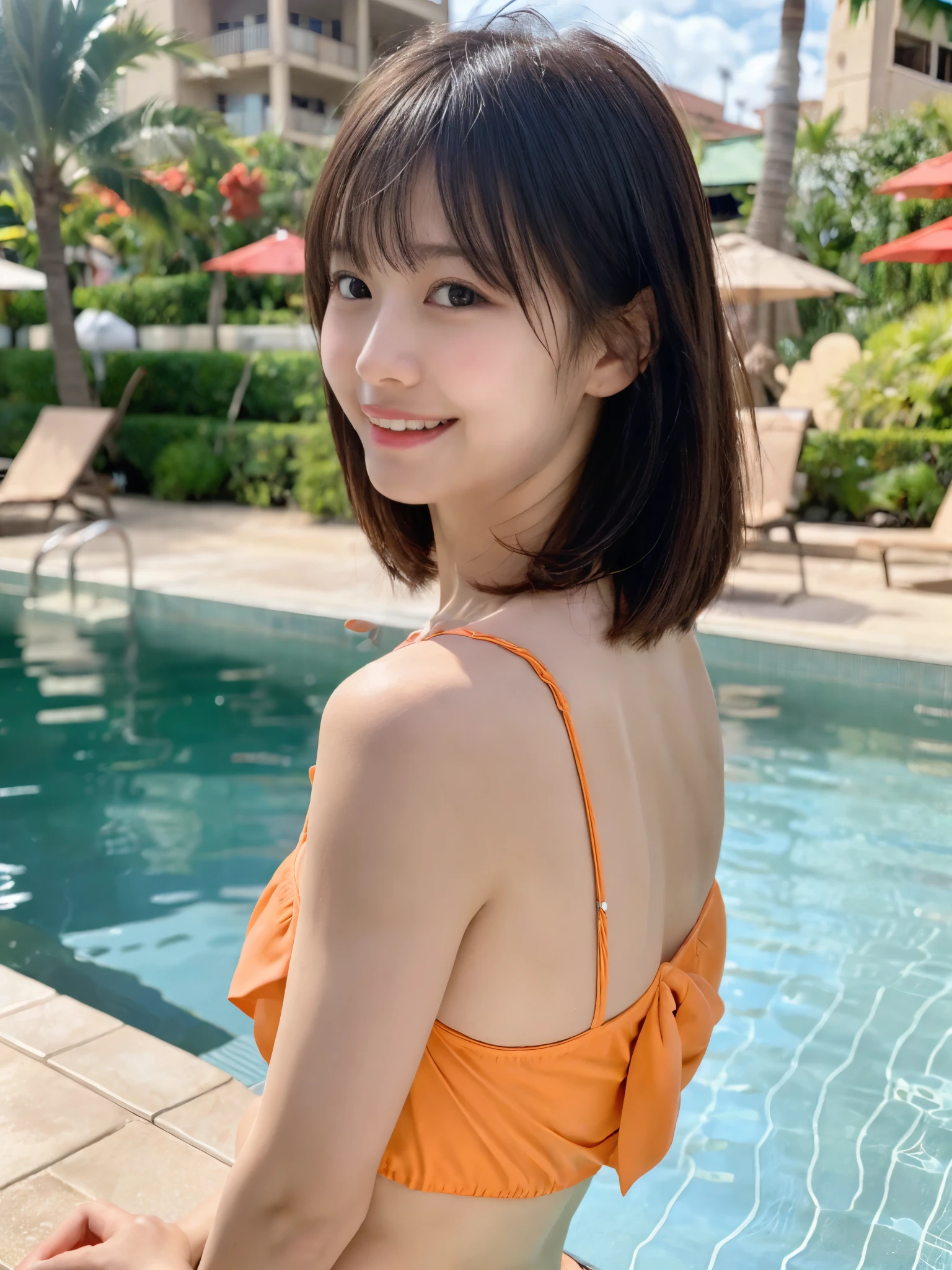 Japanese, teenager, female, poolside, plus size bikini swimsuit, small face, brown hair, short hair, smile, vacation, back view, angle of view that shows the whole body, wooden floor,