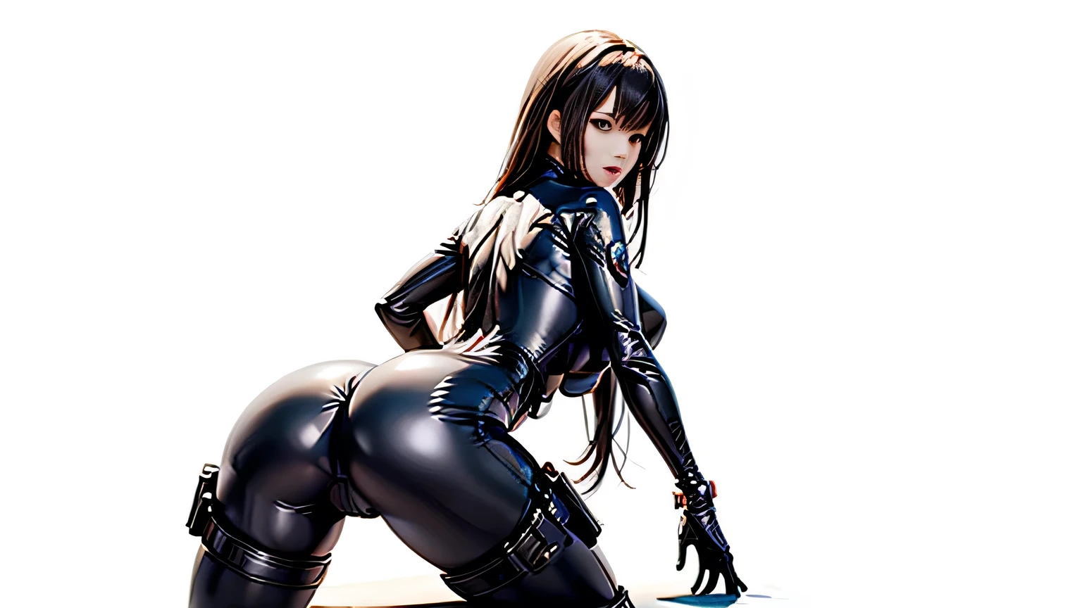 ((solid white background:1.4)), (from behind:1.2), (cowgirl_pose:1.2) masterpiece, best quality, High Quality, Detailed CG Unity 8k, HDR, anatomically correct, animation style, Best Animation, 2D, Widescreen, Side view cowboy shot from the floor of a mature 35 year old woman wearing a full body suit and moaning strongly in cowgirl position, first person view, gantz suits, shiny lips, shining eyes, black hime cut, wide pelvis, huge thighs, looking at viewer, Stick out your buttocks, perfect breasts, Open mouth, tight bodysuits, gantz costume