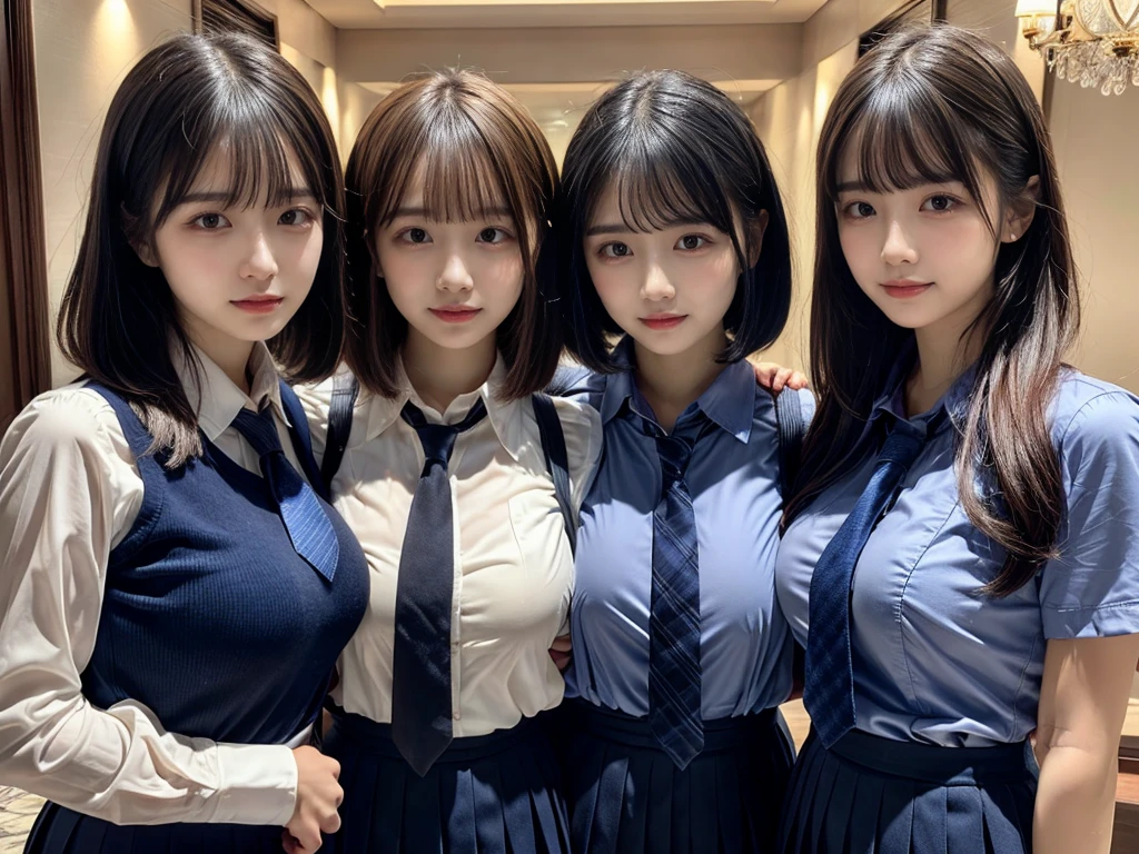 (8K, Raw photography, top-quality, masterpiece:1.2), ((3 beatiful girls))、.(Realistic Skins 1.4)、(((female high-school student、School Uniforms、)))、{{(The background is a luxury hotel room}}((School Uniforms、white Cutter shirt、darkblue pleatedskirt))、((long hair))、((One has short hair)),(A dark-haired、The forehead is hidden by bangs、)、Black eyes、shinny skin.Beautiful delicate face、Beautiful delicate eyes、{Voluptuous body shape、Thicker thighs}、One piercing in each ear,((large breasts)), ((navy blue tie)) ,looking at camera, ((close up))