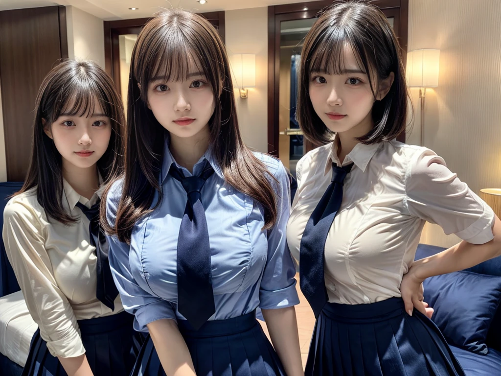 (8K, Raw photography, top-quality, ​masterpiece:1.2),  ((3 beatiful girls))、.（Realistic Skins 1.4）、（（（female high-school student、School Uniforms、）））、{{‎(The background is a luxury hotel room}}（（School Uniforms、white Cutter shirt、darkblue pleatedskirt))、（(long hair)）、((One has short hair)),（A dark-haired、The forehead is hidden by bangs、）、Black eyes、shinny skin.Beautiful delicate face、Beautiful delicate eyes、｛Voluptuous body shape、Thicker thighs｝、One piercing in each ear,((large breasts)), ((navy blue tie)) ,looking at camera, ((close up))